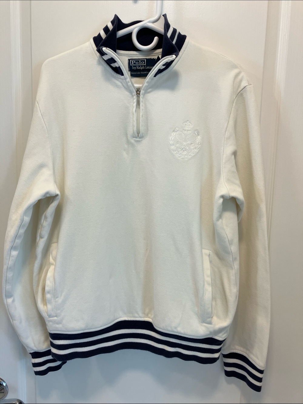 Polo by Ralph Lauren White Quarter-Zip Sweater with Navy Striped Trim